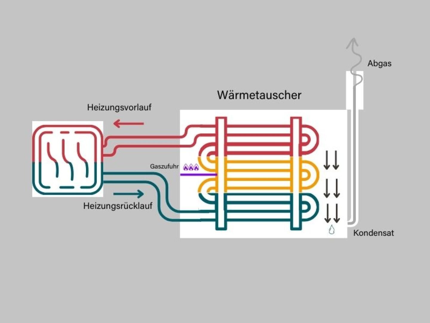 Die Grafik zeigt, wie ein Wärmetauscher im Zusammenspiel mit einem Heizkörper funktioniert.